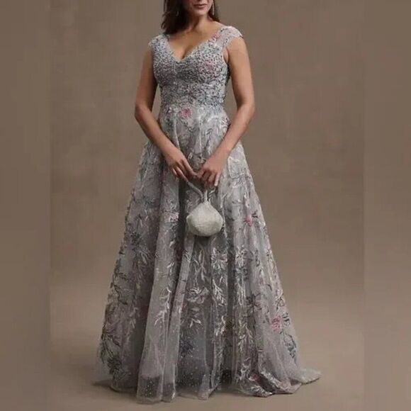 Mac Duggal 20263 Womens Size 8 Silver Pink Floral Embroidery Gown Maxi Dress - Picture 3 of 11